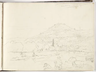 Skiss av kulle, flodstrand och figurer, 1831